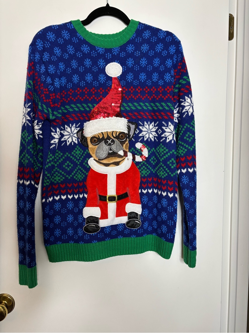 Men's Blue Pug Santa Crewneck Sweater - Holiday Knit Pullover